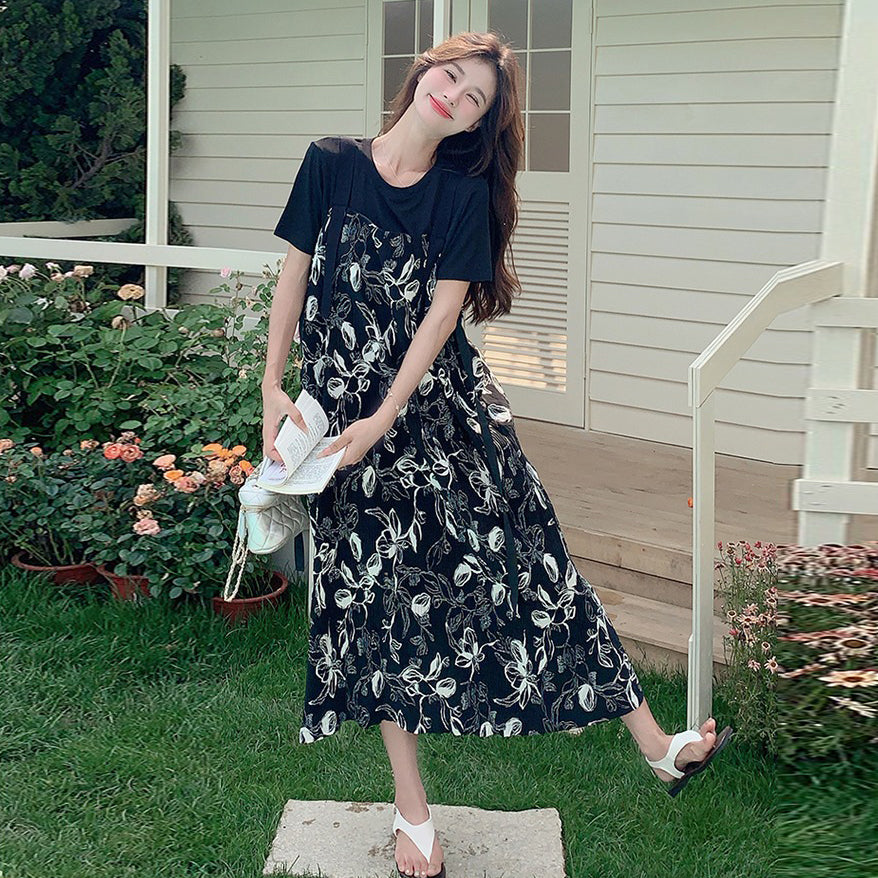 2点セット！【セットアップ】着回し力◎Tシャツ＋花柄ノースリーブワンピースセット 甘めナチュラル 初恋風コーデ【SHシリーズ】