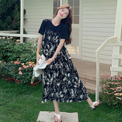 2点セット！【セットアップ】着回し力◎Tシャツ＋花柄ノースリーブワンピースセット 甘めナチュラル 初恋風コーデ【SHシリーズ】