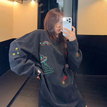 【トップス】ヴィンテージ刺繍グラフィックロンT レディース ウォッシュ加工 リラックス 秋コーデ 長袖Tシャツ【FCシリーズ】