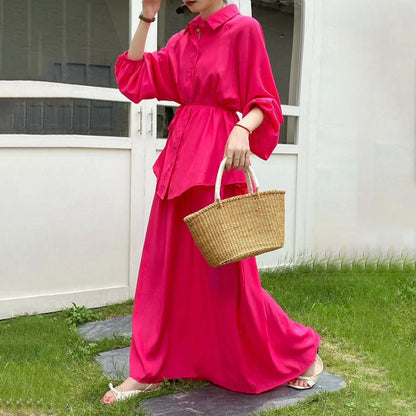 2点セット！【セットアップ】春新作 韓国風 大きいサイズ レディース ゆったりシルエット ウエストリボン シャツ+スカート 上下セット【JZシリーズ】