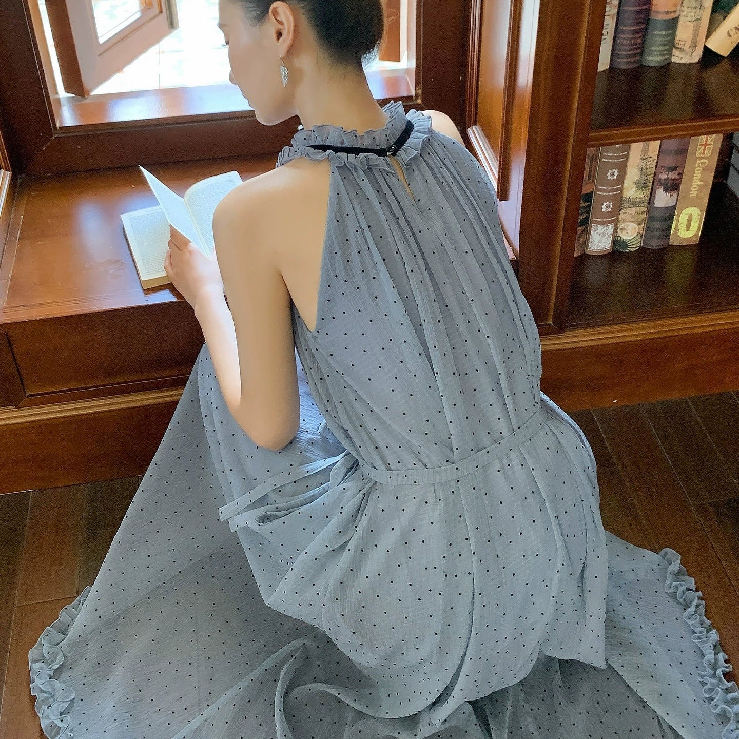 【ワンピース】夏 フリルレース ホルターネック ロング ノースリーブ ワンピース 【JZシリーズ】