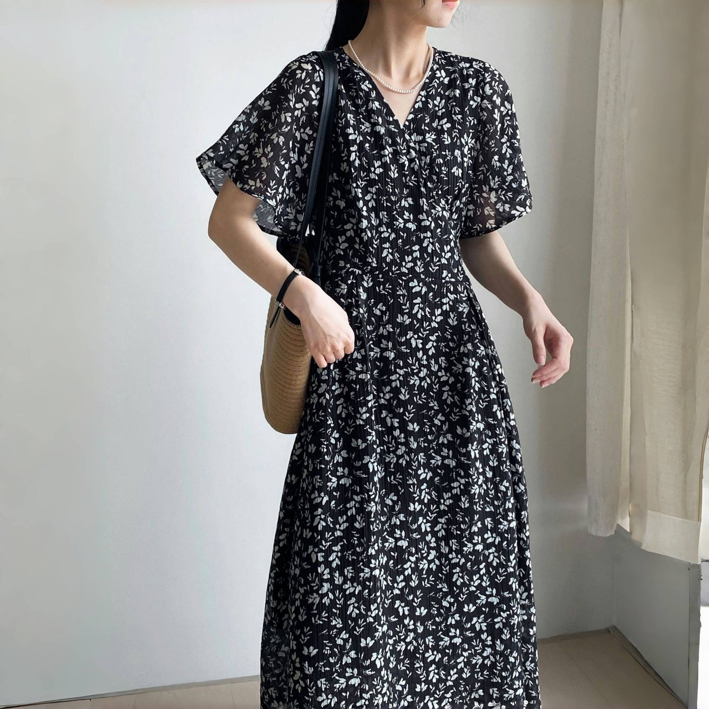 【ワンピース】夏 Vネック ウエストリボン 花柄 半袖 ワンピース 【SHシリーズ】