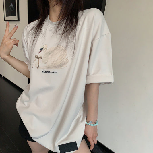 【トップス】シンプル 上品見え 薄手 スワンプリント 半袖Tシャツ レディース カジュアル きれいめ リラックス感【FCシリーズ】