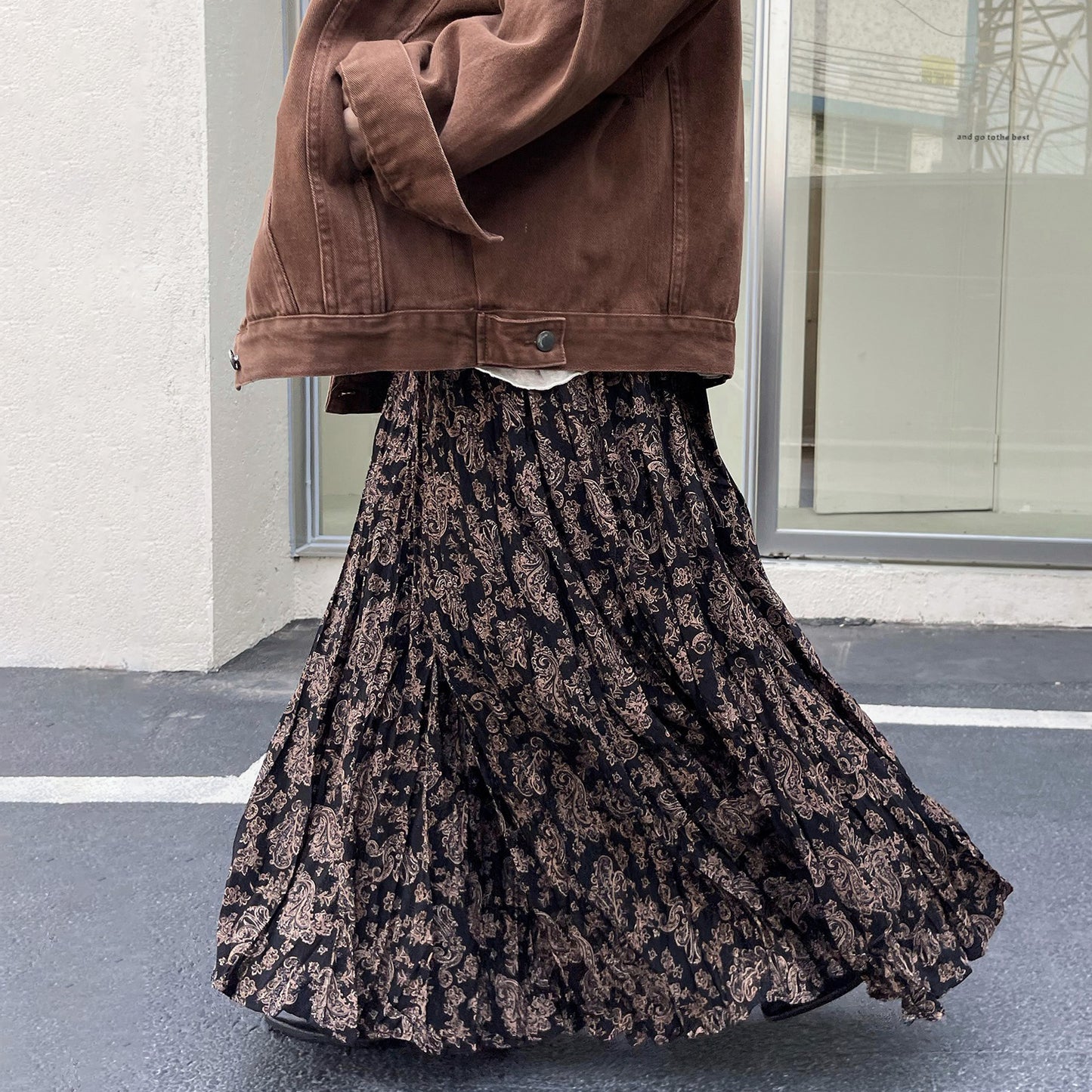 【ボトムス】レトロ風 ハイウエスト スリム見え フレアロングスカート 花柄プリーツ デザイン性スカート【SHシリーズ】