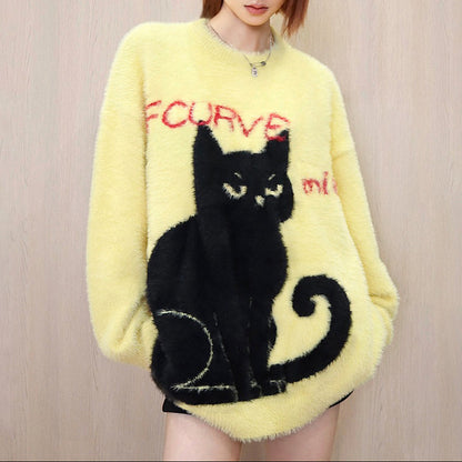 【トップス】クールな黒猫デザイン ニット レディース 秋冬 クルーネック ゆったり プルオーバー【FCシリーズ】
