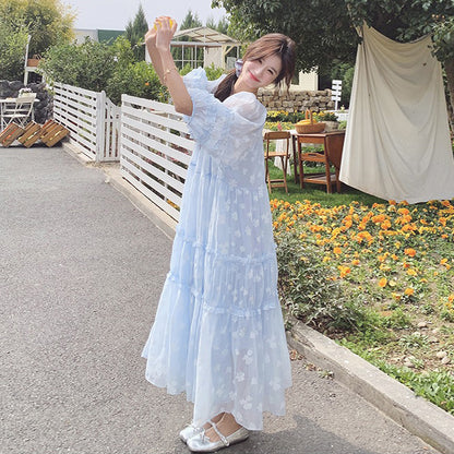 【ワンピース】ライトブルー 七分袖 小花柄 ワンピース レディース 夏 ロマンチック スイート系 フレアシルエット フェアリードレス【SHシリーズ】