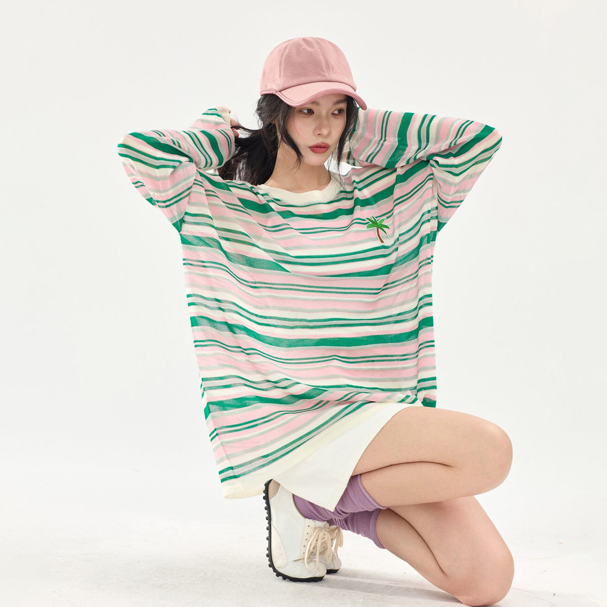 【トップス】配色ボーダーニットトップス レディース 夏新作 長袖 薄手 透け感 カラフル カジュアル Tシャツ【FCシリーズ】