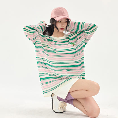 【トップス】配色ボーダーニットトップス レディース 夏新作 長袖 薄手 透け感 カラフル カジュアル Tシャツ【FCシリーズ】
