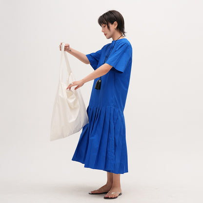 【ワンピース】クラインブルー  ラウンドネック 半袖ワンピース 夏用 薄手 大きいサイズ レトロロングドレス【JZシリーズ】