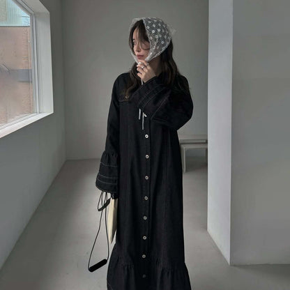 【ワンピース】日系 春夏 アメリカンレトロ オールドマネー風 デザインデニムワンピース レディース ゆったり カジュアル 長袖ワンピース【JZシリーズ】