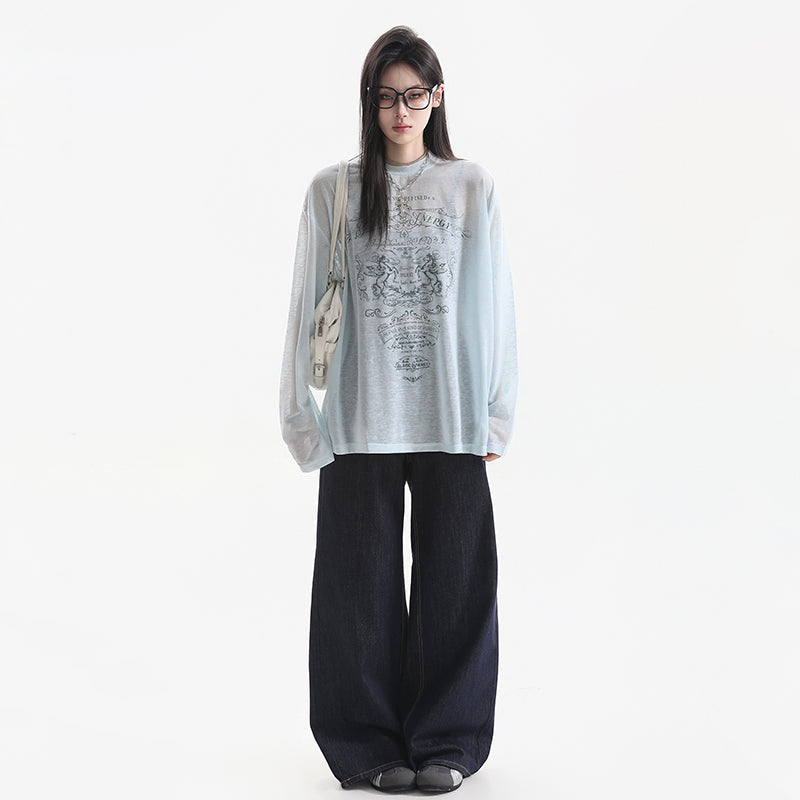 【トップス】アメリカンプリントシアーロンT レディース 薄手 長袖 透け感 ストリート Tシャツ【FCシリーズ】