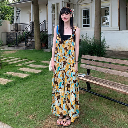 黃藍漸變印花吊帶連身褲｜V領寬鬆闊腿褲｜夏季藝術感休閒連體褲【SH系列】