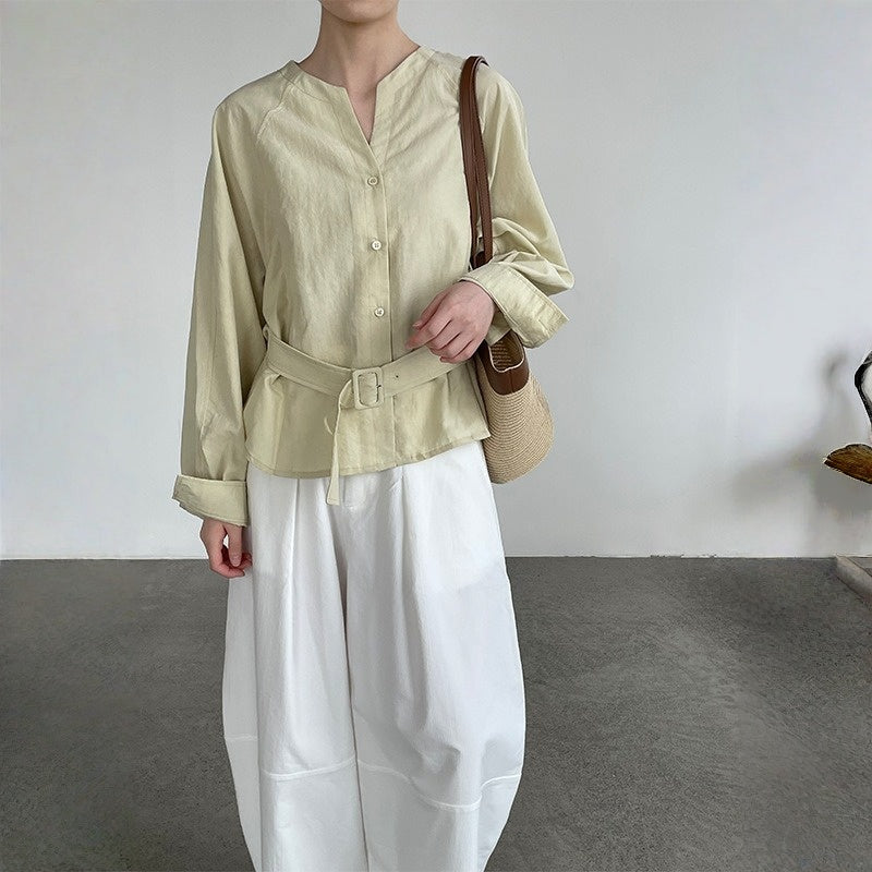 【トップス】ウエストシェイプ Vネック 通勤スタイル リボン付き シャツ 【JZシリーズ】