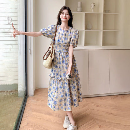 【ワンピース】花柄ワンピース レディース 夏新作 パフスリーブ ティアード フレンチ風 Aライン ロング丈 半袖【SHシリーズ】