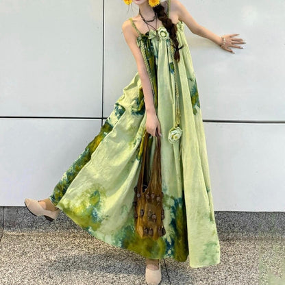 【ワンピース】水墨画風 グラデーションプリント ノースリーブワンピース 夏 大人可愛い 涼感 体型カバー リゾートワンピース【SHシリーズ】