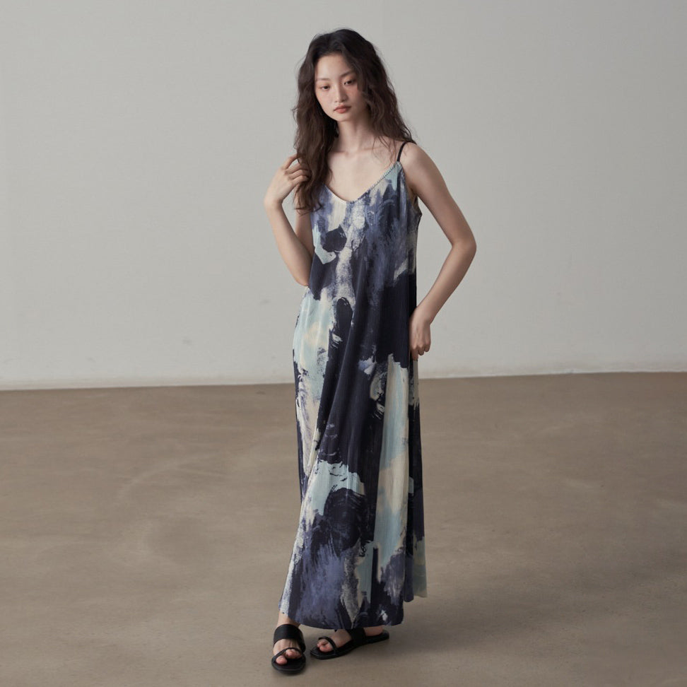 【ワンピース】フレンチヴィンテージ水墨画プリント・ゆったりカジュアル・ノースリーブワンピース【SHシリーズ】