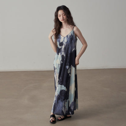 【ワンピース】フレンチヴィンテージ水墨画プリント・ゆったりカジュアル・ノースリーブワンピース【SHシリーズ】