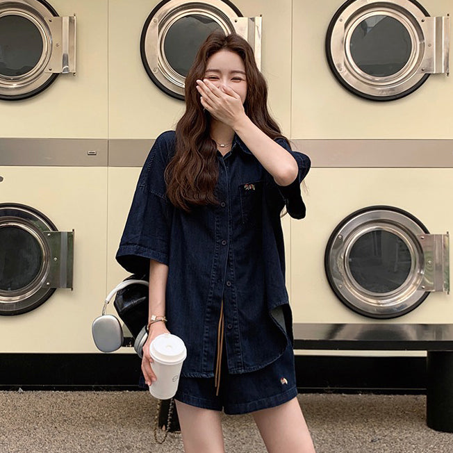 2点セット！【セットアップ】レトロデニムシャツ＆ワイドショートパンツ 上下セット 大人カッコいい＆若見えスタイル【JZシリーズ】