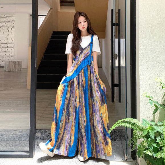 【ボトムス】夏 フレンチバカンス風 タイダイ油絵プリント オールインワン【SHシリーズ】