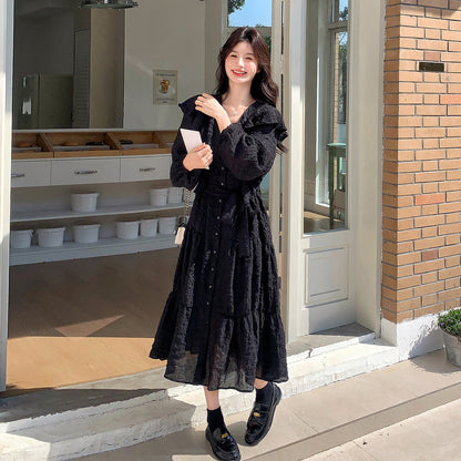 【ワンピース】フレンチ風長袖ワンピース レディース Vネック フリル切り替え ウエストマーク ロング丈 上品 秋コーデ【JZシリーズ】