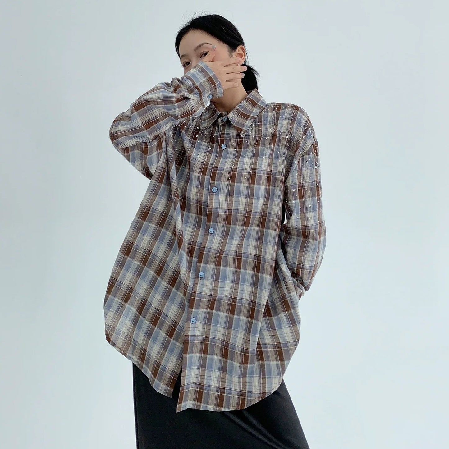 【トップス】春 秋 冬 レトロ ラインストーン チェック 長袖シャツ  【FCシリーズ】