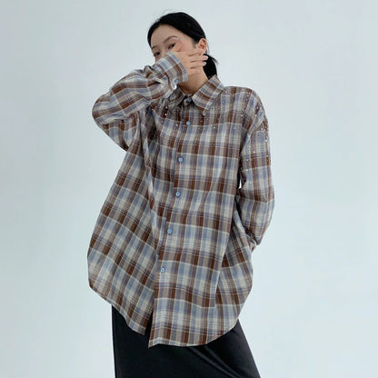 【トップス】春 秋 冬 レトロ ラインストーン チェック 長袖シャツ  【FCシリーズ】