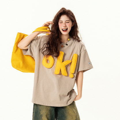 【トップス】アメリカンレトロ 趣味 立体ロゴ 半袖Tシャツ レディース ゆったり デザイン感 カジュアル【FCシリーズ】【15〜20日発送】