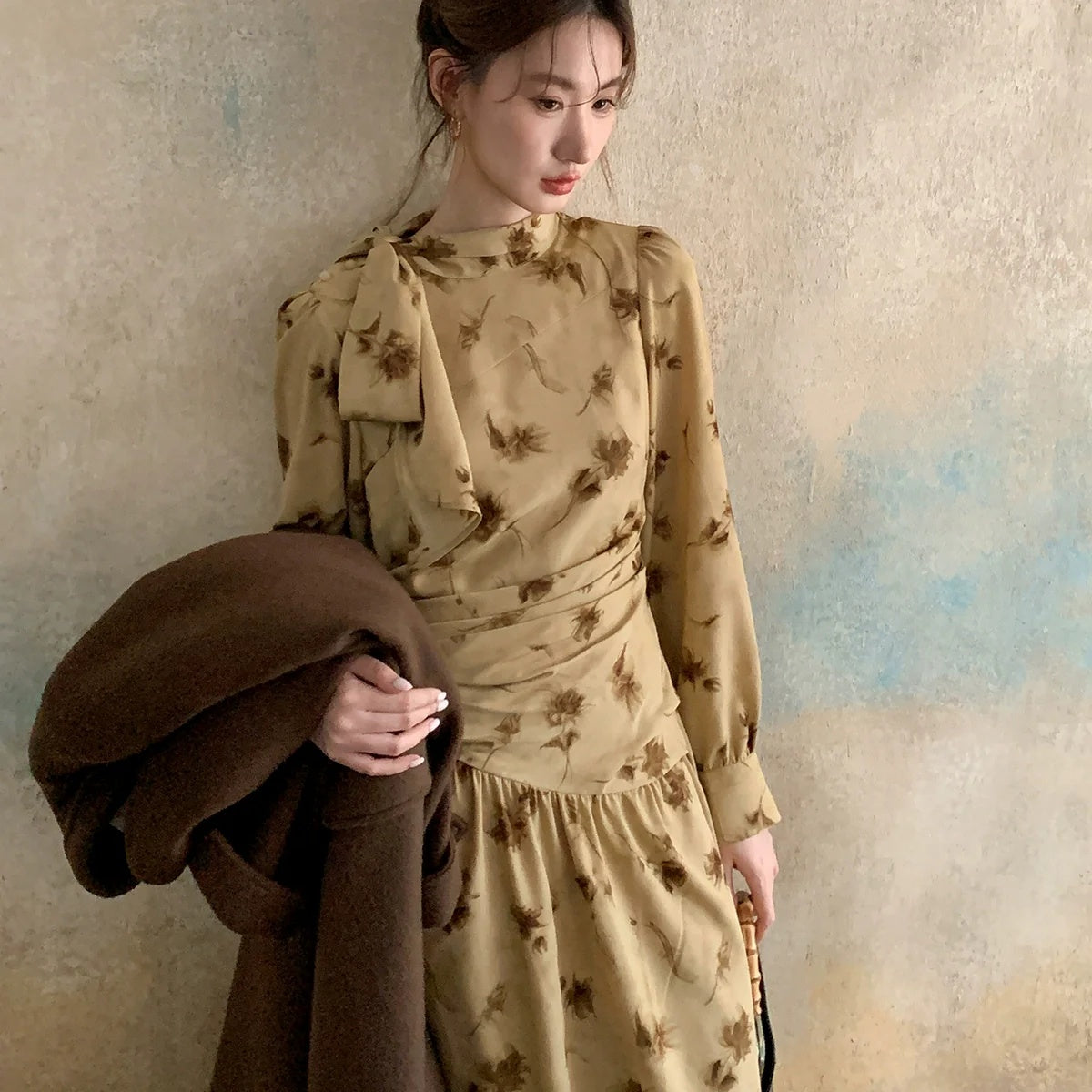 【ワンピース】春 秋 冬 リボンタイ襟 リント プリント ウエストマーク 花柄 ワンピース 【JZシリーズ】