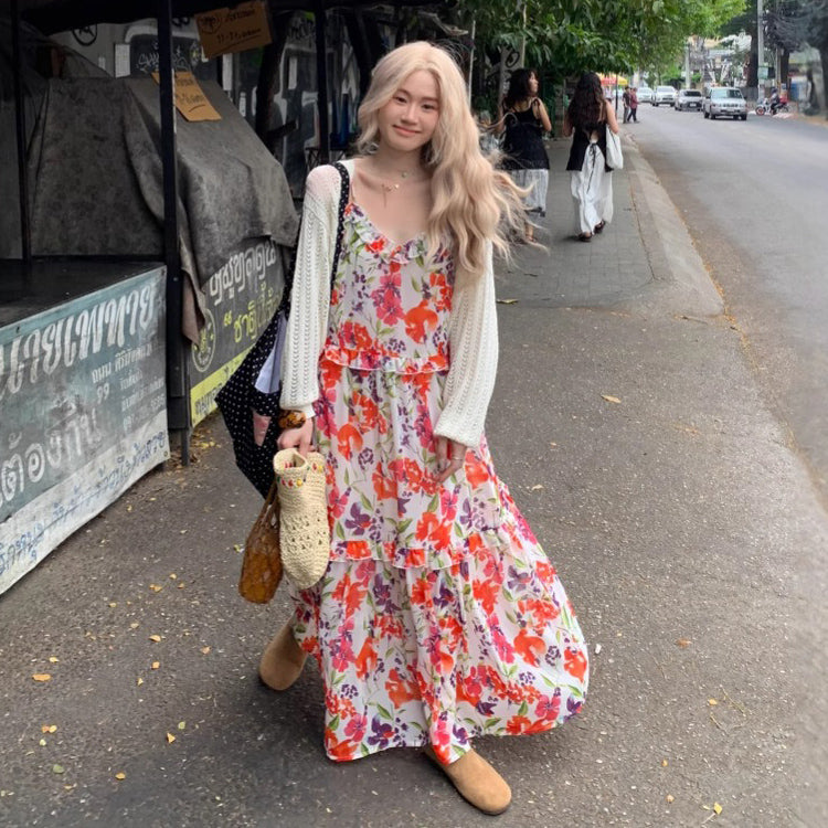 【ワンピース】夏 涼しげ 通気性 Vネック フリル付き 花柄 ノースリーブ キャミワンピース【SHシリーズ】