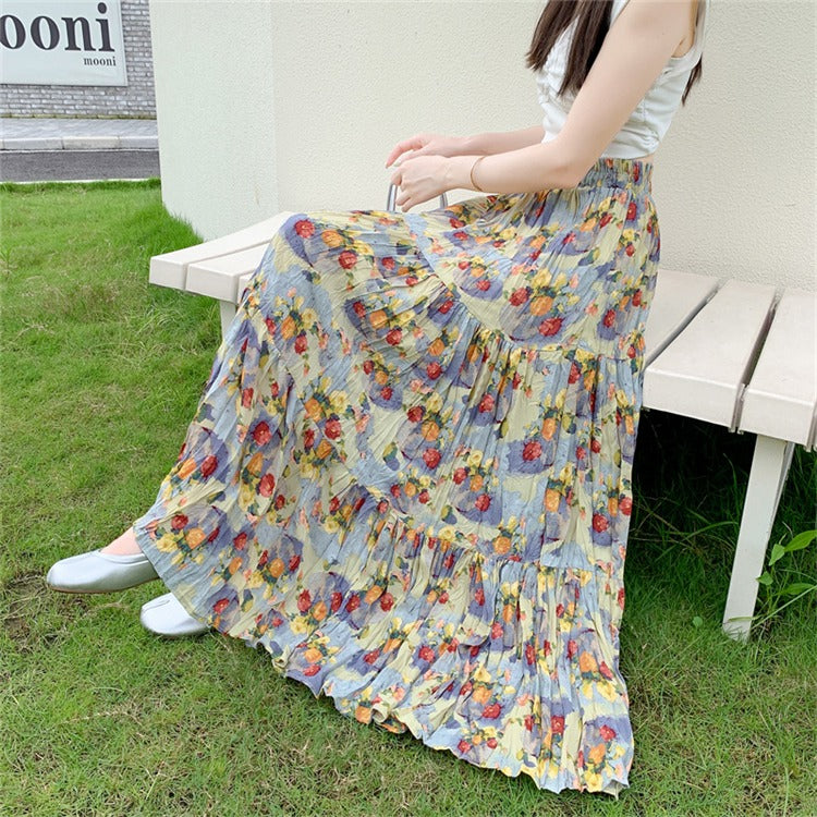 【ボトムス】上品 花柄プリーツスカート ロング丈 Aライン 体型カバー 夏 美シルエットで即細見え【SHシリーズ】