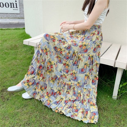 【ボトムス】上品 花柄プリーツスカート ロング丈 Aライン 体型カバー 夏 美シルエットで即細見え【SHシリーズ】