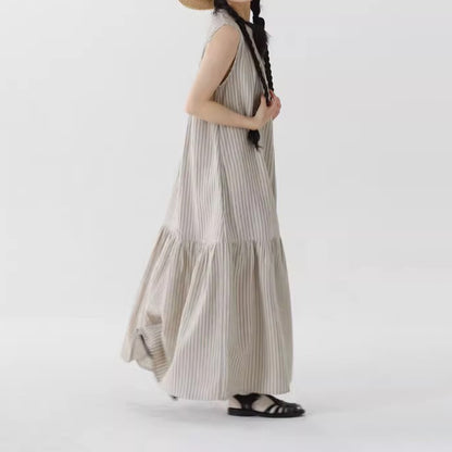 【ワンピース】先染め リネン混 ストライプ ノースリーブワンピース レディース バックスリット フィッシュテール ロングワンピース ゆったり 体型カバー【JZシリーズ】