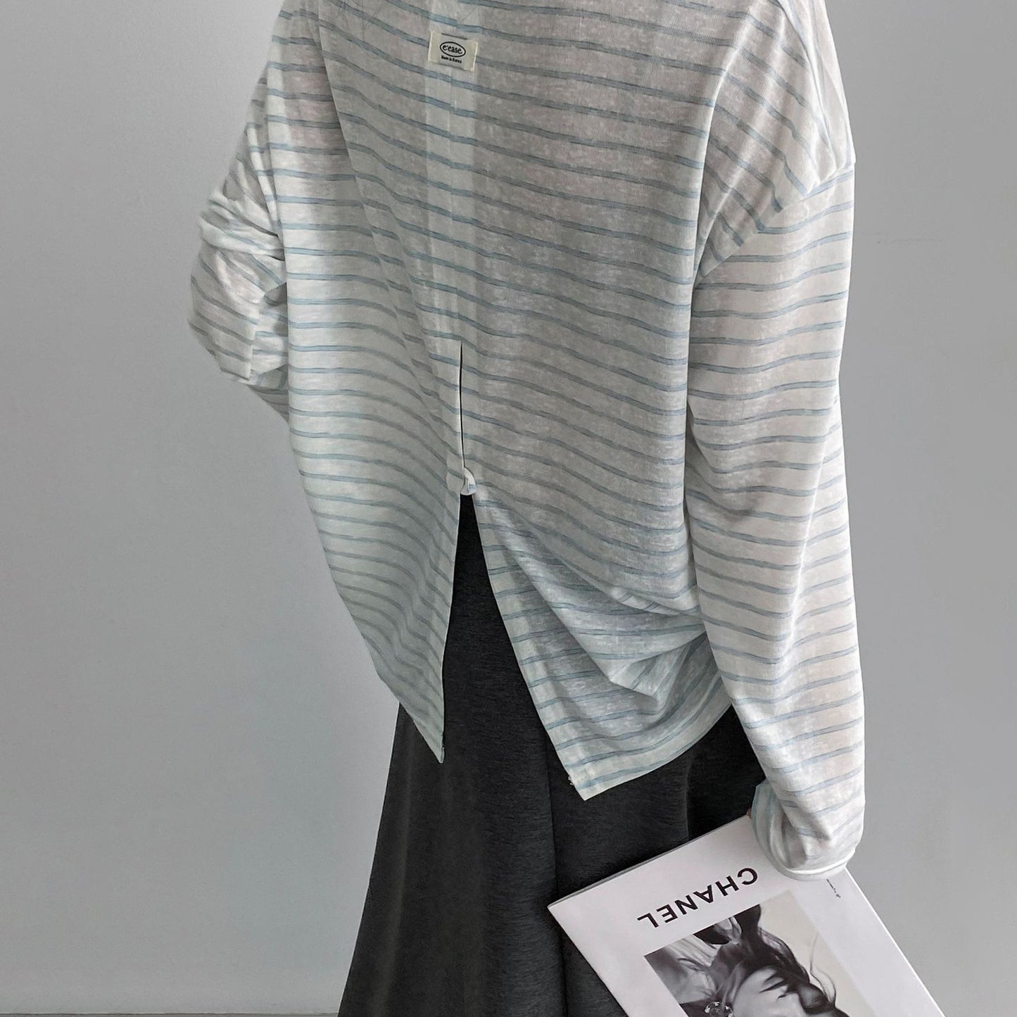 【トップス】ボーダー カットソー 背中開き 体型カバー 痩せ見え 2026夏 韓国風 柔らかい 快適 Ｔシャツ【JZシリーズ】