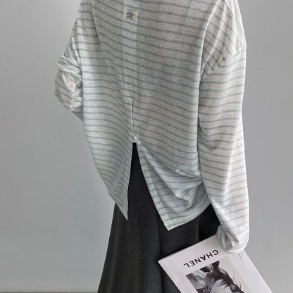 【トップス】ボーダー カットソー 背中開き 体型カバー 痩せ見え 2026夏 韓国風 柔らかい 快適 Ｔシャツ【JZシリーズ】