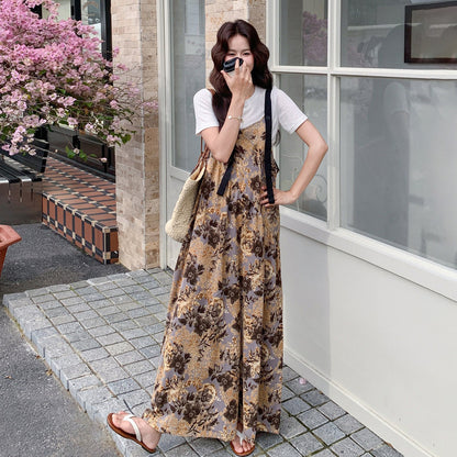 【ボトムス】レトロ花柄サロペット レディース ハイウエスト オールインワン 夏ワイドパンツ リゾート風【SHシリーズ】