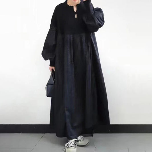 【24AW】【ワンピース】日系 無地 シャーリング 切り替えし 長袖ワンピース