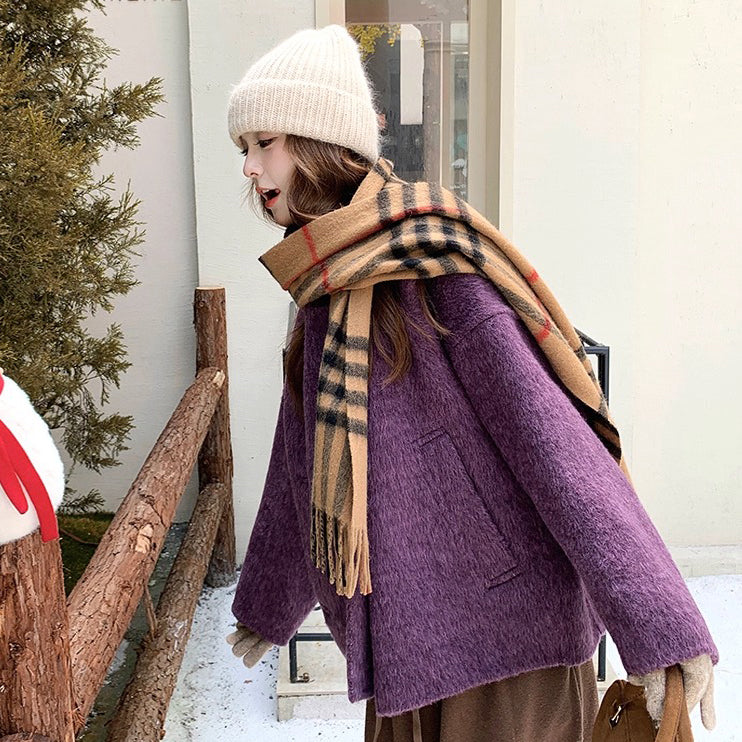 【アウター】💜トレンド感満載！ラベンダーカラーのコート！上品な雰囲気 ウールコート レディース 秋冬  韓国風 レトロ おしゃれ ショートジャケット【JZシリーズ】