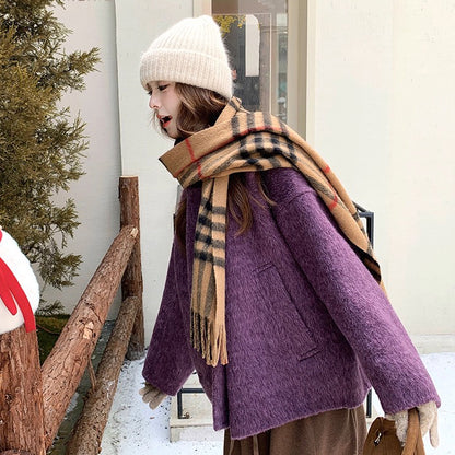 【アウター】💜トレンド感満載！ラベンダーカラーのコート！上品な雰囲気 ウールコート レディース 秋冬  韓国風 レトロ おしゃれ ショートジャケット【JZシリーズ】