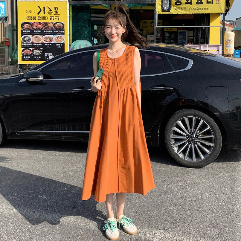 【ワンピース】リゾートワンピース ノースリーブ オレンジカラー ゆったりシルエット 上品 夏 海辺 ビーチコーデ【JZシリーズ】