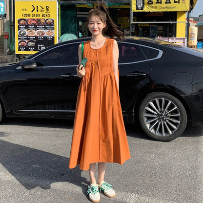 【ワンピース】リゾートワンピース ノースリーブ オレンジカラー ゆったりシルエット 上品 夏 海辺 ビーチコーデ【JZシリーズ】