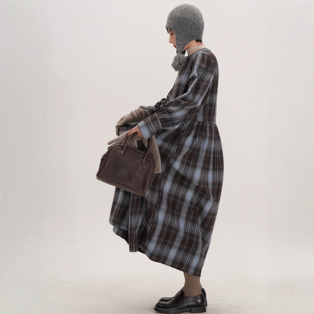 【ワンピース】起毛素材 チェック柄 レトロ クルーネック 長袖 ワンピース 【JZシリーズ】