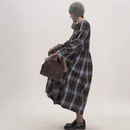 【ワンピース】起毛素材 チェック柄 レトロ クルーネック 長袖 ワンピース 【JZシリーズ】