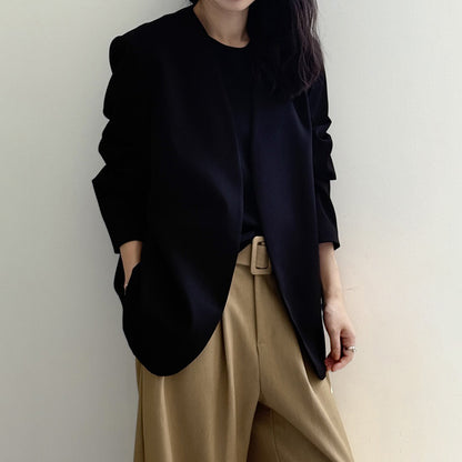 【アウター】気質 ノーカラー ジャケット レディース パッド入りショルダー 秋新作 高級感 ゆったり スーツジャケット【JZシリーズ】