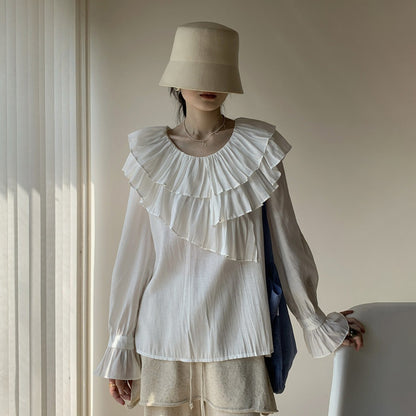 【トップス】2026春夏 フレンチ 丸首 レイヤード フリル プリーツ ゆるシルエット 軽薄 フレア袖 UVカット 微透け ブラウス レディース【JZシリーズ】