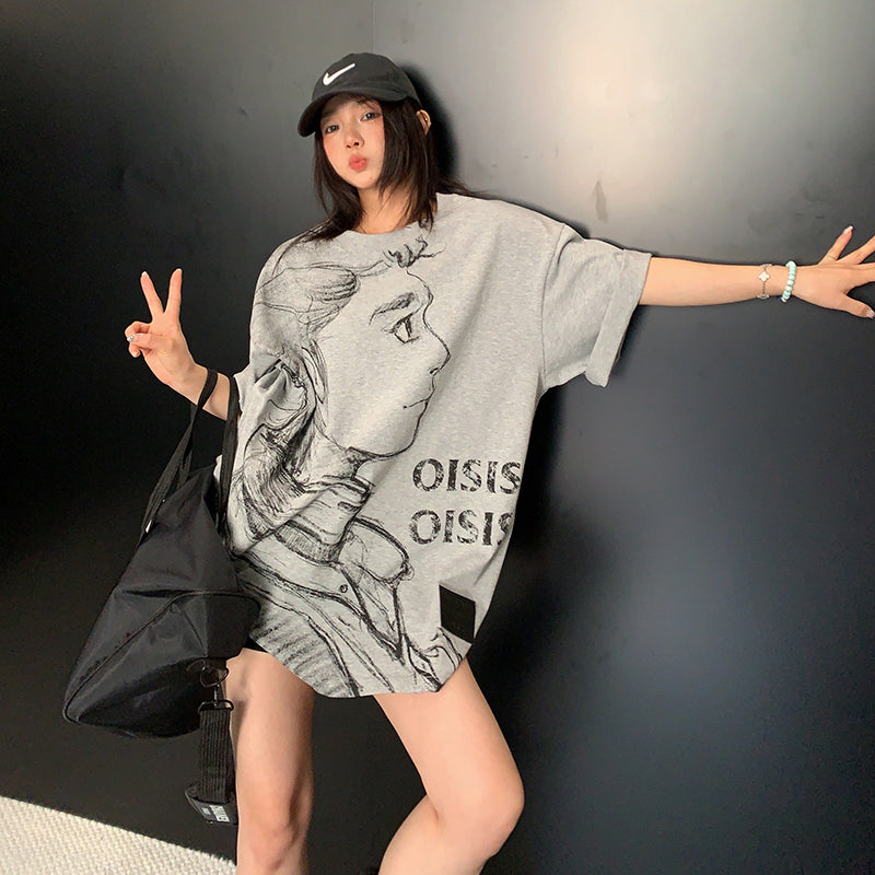 【トップス】ヴィンテージ風 スケッチプリントTシャツ レディース 夏 ルーズフィット 半袖【FCシリーズ】