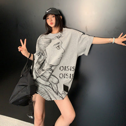 【トップス】ヴィンテージ風 スケッチプリントTシャツ レディース 夏 ルーズフィット 半袖【FCシリーズ】