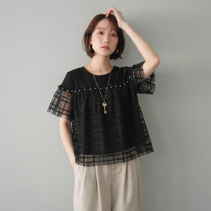 韓系圓領鑽飾蕾絲格紋拼接T恤｜甜美氣質短袖上衣【JZ系列】
