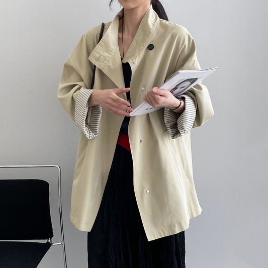 【アウター】韓国風オーバーサイズスタンドカラートレンチコート レディース 秋新作 ストライプ配色 ルーズシルエット 低身長さん向け【JZシリーズ】