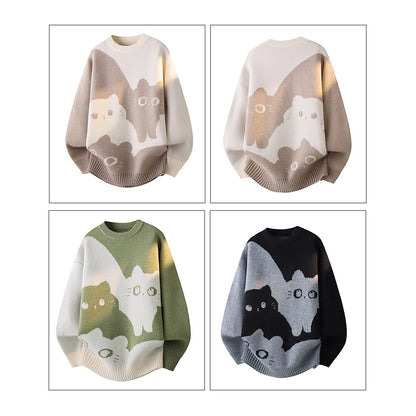 【トップス】カートゥーン猫柄 裏起毛 ニット 秋冬 メンズ レディース 高級感 ユニセックス【FCシリーズ】