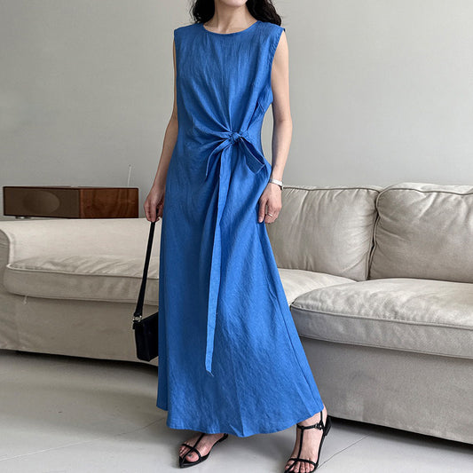 【ワンピース】100%ラミー フレンチエレガンス ノースリーブワンピース  夏 スリム効果【JZシリーズ】